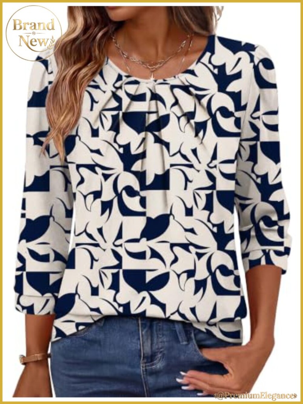 3/4 Sleeve Pleated Front Tunic Blouse Business Casual Office Top Flowy